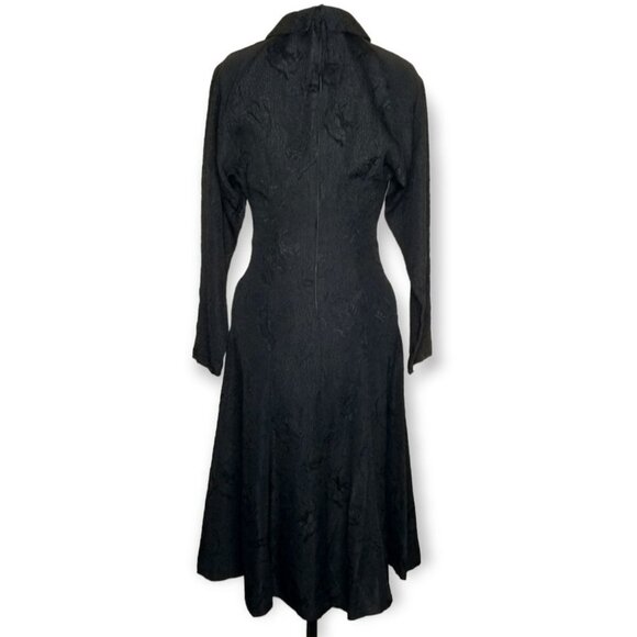 Vintage 80s Ann Taylor Black Textured Long Sleeve Midi Dress With Pointed Collar - Picture 6 of 13